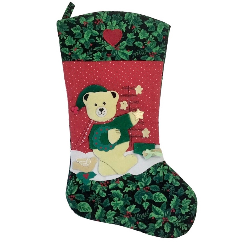 Vintage Franco Christmas Stocking Applique Teddy Bear Padded Holly Berries 1990s